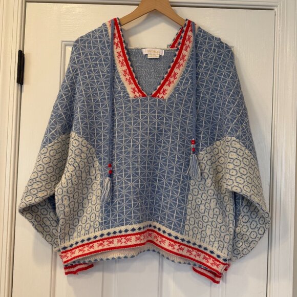COCOBLEU NY Boho Hooded Knit Sweater | Blue Nordic Fair Isle Tassel Pullover M - Picture 2 of 6